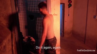 Behind the Scenes video, two military German young studs have bareback sex in a bunker