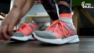 Taking care of her smelly feet after gym workout, POV (stinky feet, gym shoes, gym feet, bare feet)