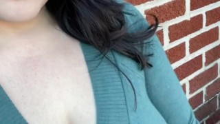 Beautiful Busty Slut Power Pissing on the Front Porch in the middle of the day!
