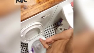 Guy masturbate and pisses in toilet then orgasms and cums everywhere!