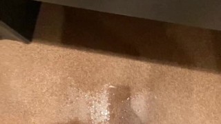 Naughty Slut wearing Crotchless Leggings sprays a Public Bathroom floor with Piss!
