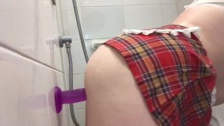 Naughty school girl rides dildo 