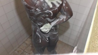 Thicc black man taking a shower 
