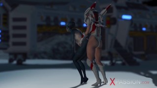 Hot sex on th exoplanet! An alien gets fucked by a spacewoman in spacesuit with strapon