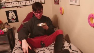 riding boot loser in chastity spanks itself and has a nipple rubbing ruined orgasm