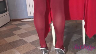 Red glossy pantyhose