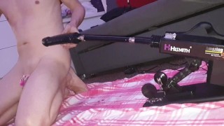 Mike getting fucked hard in chastity by 10 inch dildo on fucking machine.