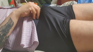 RED WATCH GUY BIG COCK INSIDE BLACK CALVIN KLEIN BOXERS TRUNKS GLOSSY DADDY IS JERKING OFF