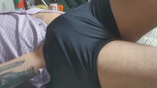 RED WATCH GUY BIG COCK INSIDE BLACK CALVIN KLEIN BOXERS TRUNKS GLOSSY DADDY IS JERKING OFF