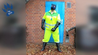 hiviz workie pup pawing off outdoors