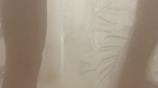 College boy rides dildo and cums in steamy shower