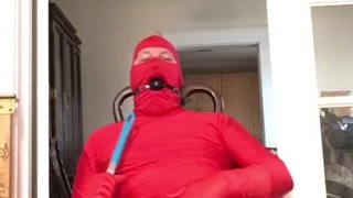 Pole humping & rubbing, gagged, and spanks wearing red spandex
