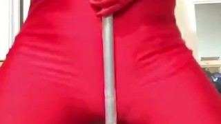 Pole humping & rubbing, gagged, and spanks wearing red spandex
