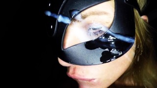 Masked Dutch girl chokes on dick and gets an eye facial