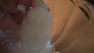 オナ禁後のこってり濃厚精子をグラスに射精する変態君。