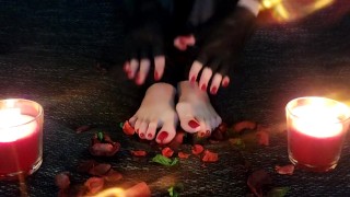 ASMR feet fetish video - teading and seductive feet playing with dried leaves, leather pants and glo