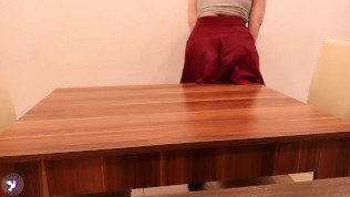 Blonde Schoolgirl in Skirt Pees on Table. Pee Desperation. Pissing. Pee | Kinky Dove 