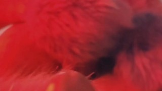 Red fluffy devil with a big uncut cock fills the mirror with cum 