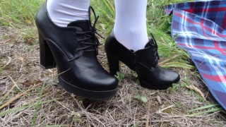 Foot fetish girl show shoes and feet in white knee socks