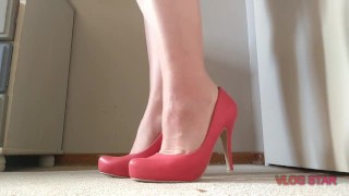 standing shoeplay in heels