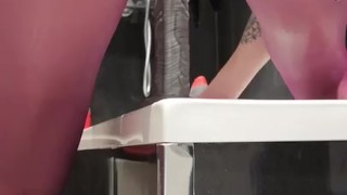 Babe rides dildo with butt plug in her tight ass