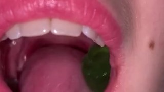 Open mouth gummy swallowing. Underwear 