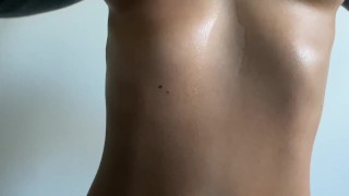 Hot fit body, oiling up her big natural titties!!