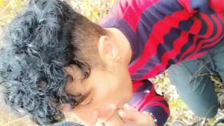 Taking friend´s cum on face in the park