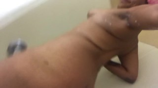 Tall pretty hoe taking a shower after getting facial