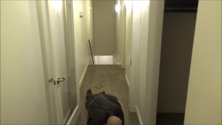 in a risky scene wetsuited masked man fucks pantyhosed skeleton dummy in apartment building hall