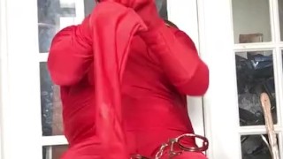 Harness gag and self bondage handcuff on red spandex bodysuit (Thank you 300 subs!)