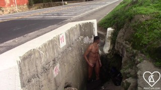 Handsome Latino Gets Too Exposed by Taking off his Clothes and Jerking off on the Road.