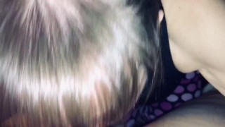 Friends mom sucking my cock and making happy noises when I cum in her mouth. Showing cum and swallow