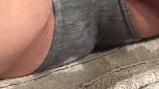 Daddy makes shy trained mutt to pee the bed