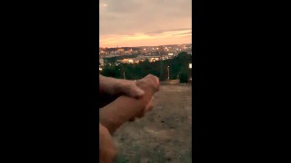 Huge cumshot outside with big dick