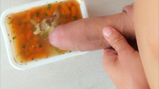 Soup with own cum - Flavoring delivered food from restaurant with own " flavor " and tasting it 