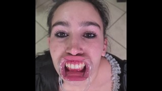 French maid tries to drink her own piss through lip retractor | funny fail