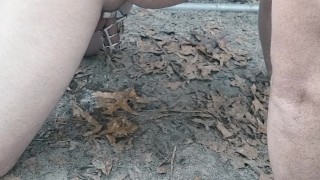 Mistress slave to pee outside with dick still caged