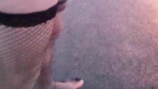 Just fishnet stockings and extreme ball weights on street