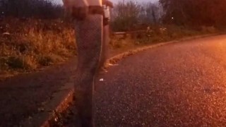 Just fishnet stockings and extreme ball weights on street