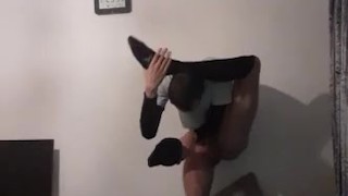 Skinny masked twig in long socks masturbates and puts leg behind his head