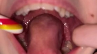 Candy gagging. Xmas underwear. Uvula show