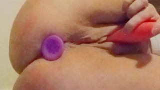 Teen massaging pussy and clit while wearing butt plug until intense orgasm!!