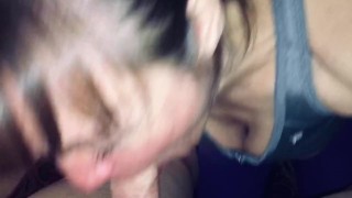 Sucking our friend dry while hubby coaches me.Sorry most of the cum shot right down my throat 