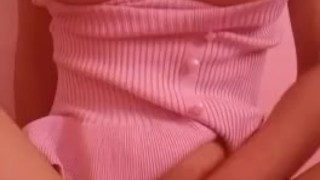 Busty asian in pink rubbing tight pussy and moaning