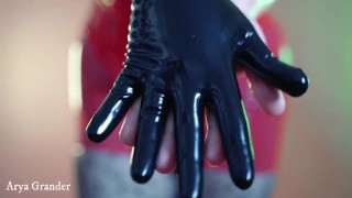 Nude Topless Curvy Girl In Red Fetish PVC Corset and Latex Skirt Wearing Rubber Gloves