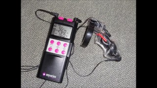 Estim e-stim cum load milking with chastity cage