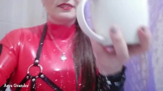 Latex Rubber Catsuit And Milk In The Bath. Leather Harness and Fetish Costume. Funny Video