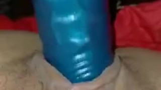 Fighting with my blue dildo