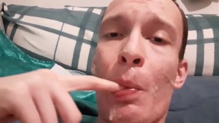 Swallowing and spitting out my cum after I gave my face a facial